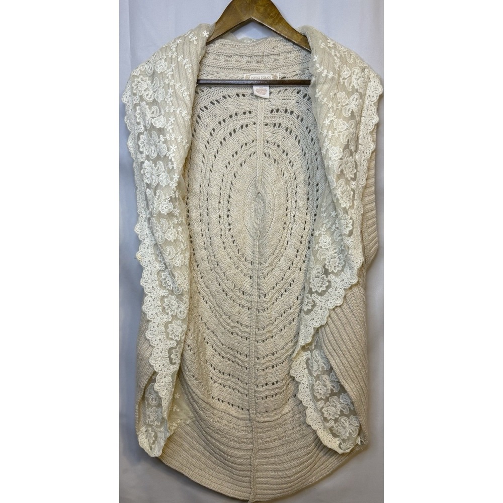 Flying Tomato Ivory Lace Trim Knit Cardigan Vest Women's S Boho Open Front